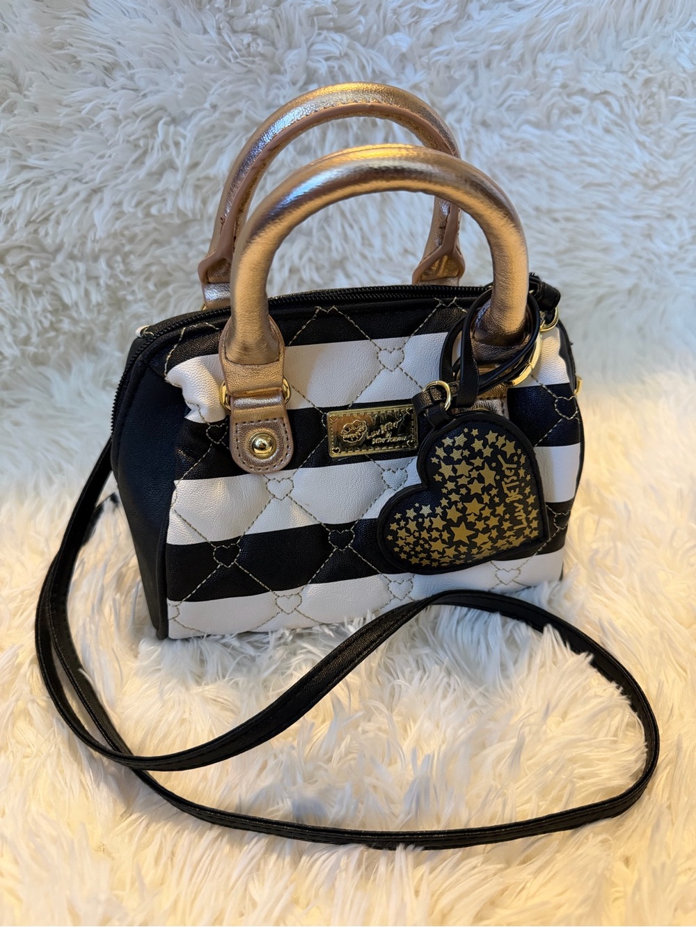 Luv Betsey by Betsey Johnson Black-White Quilted Mini Satchel Rose Gold Handles